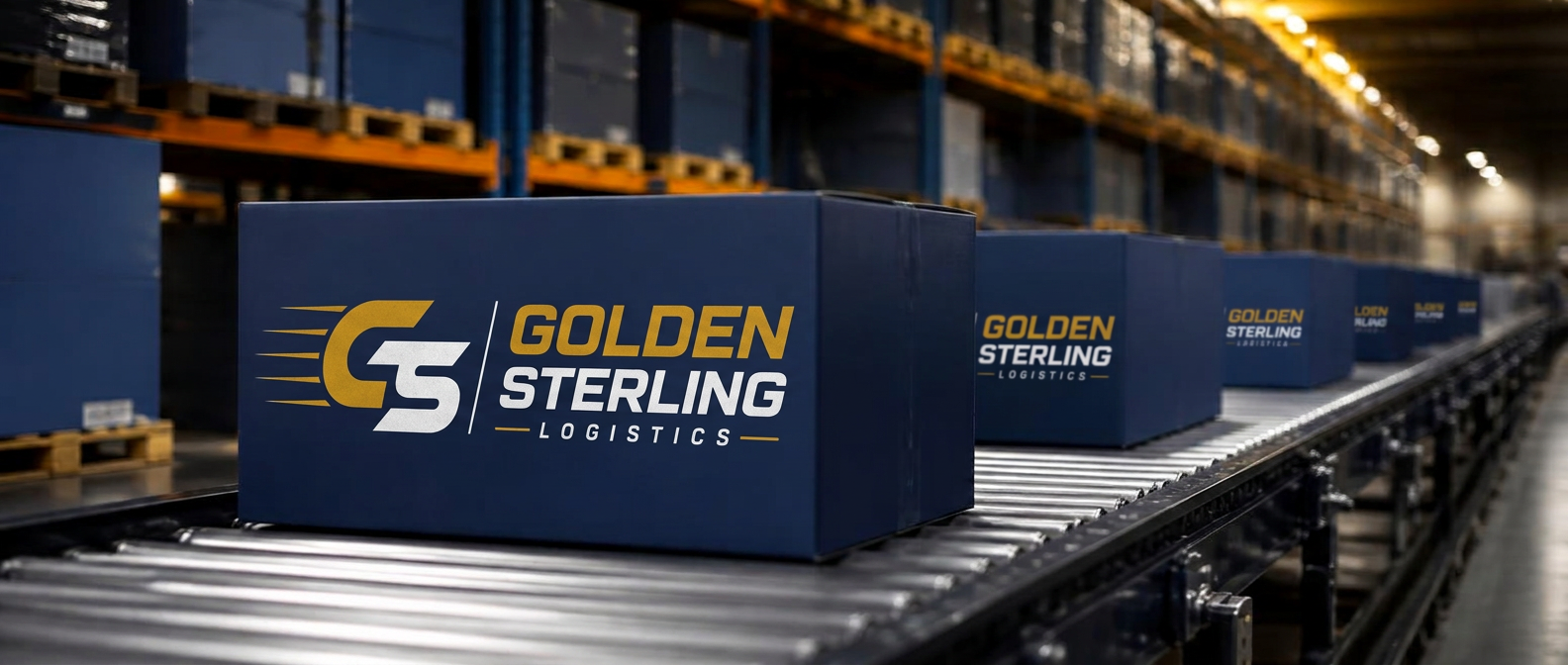 Branded navy Golden Sterling boxes moving along a depot conveyor