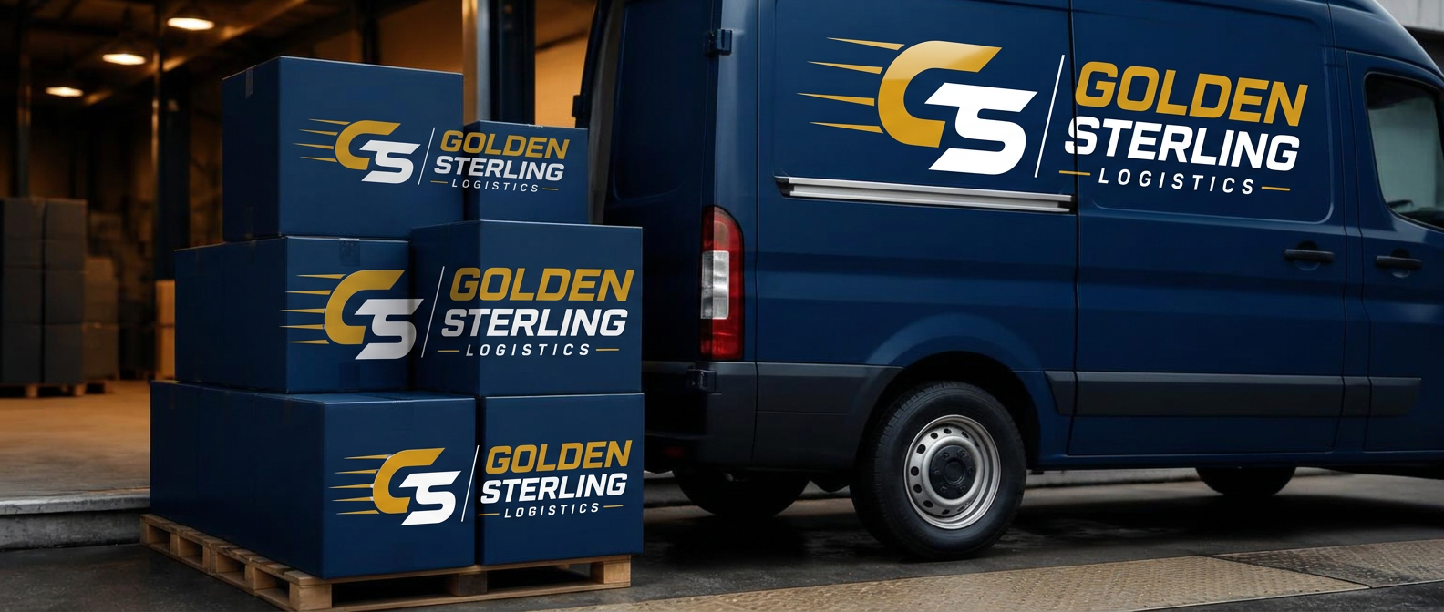 Branded navy Golden Sterling boxes loaded onto a delivery van at a depot dock
