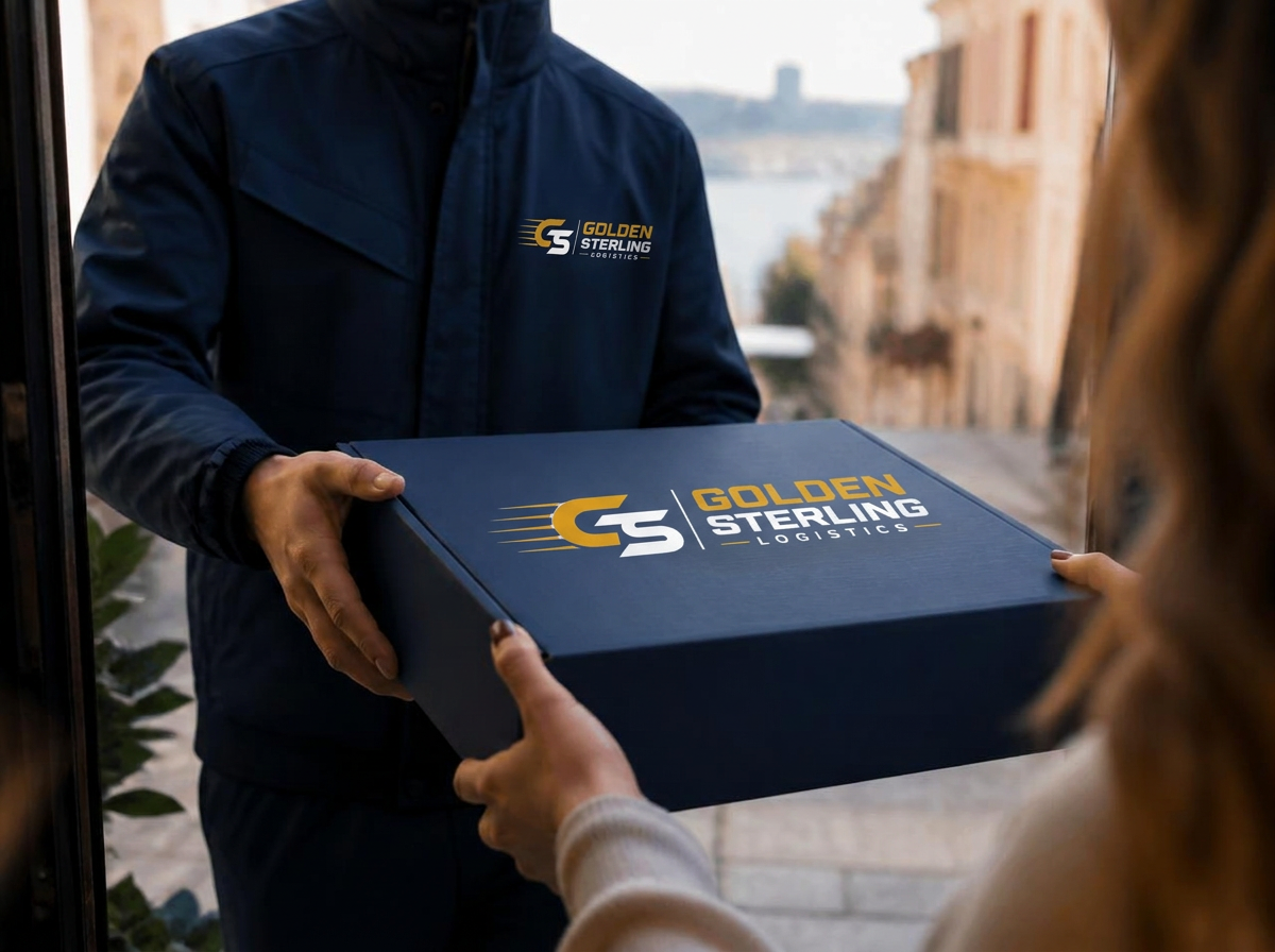 Golden Sterling courier handing a branded navy parcel to a customer at their door