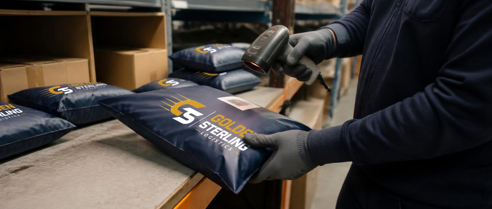 Warehouse operator scanning a branded navy Golden Sterling mailer